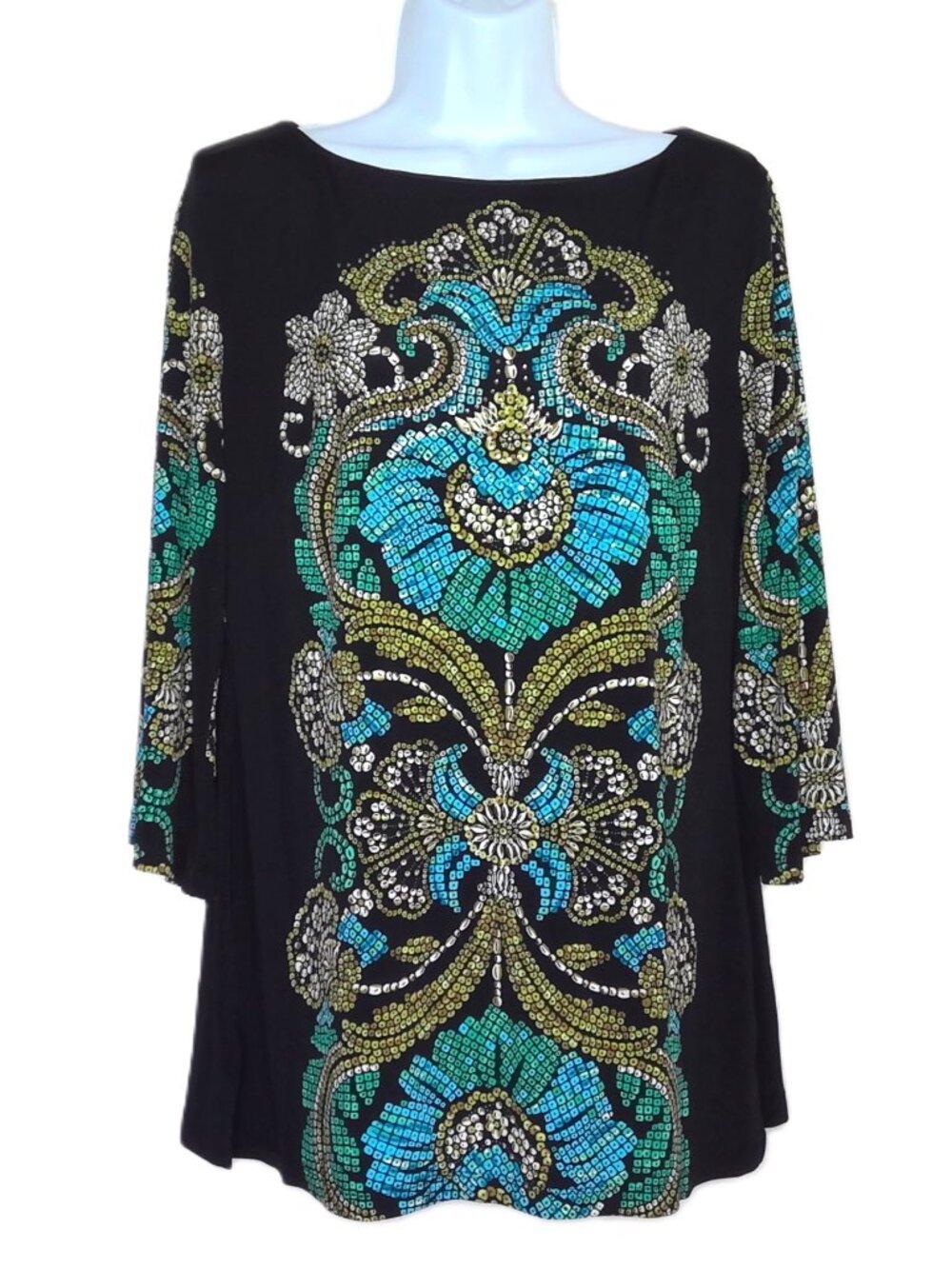 JM Collection Slinky Top Tunic 3/4 Bell Sleeve Rhinestone Medallion Mosaic Sz S